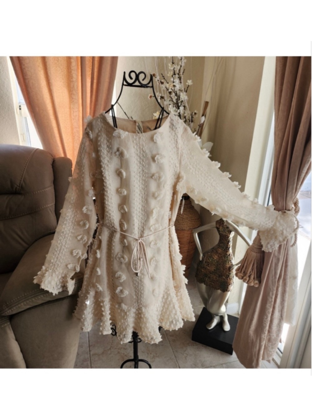 Saints & Secrets Beige Long Sleeve Dress with Pom Poms Size M - Picture 13 of 13
